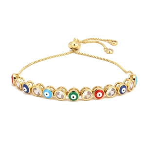 Adjustable golden evil eye bracelet with colorful enamel and zircon stones