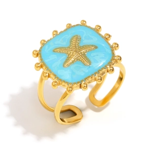 Retro 18K gold plated stainless steel square ring with starfish and blue enamel detail