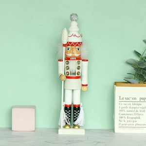 Wooden Nutcracker Soldier Figure King Christmas Decoration White And Gold Hand Painted Glitter Fur Desktop Ornament