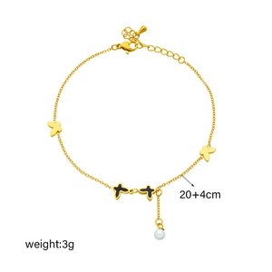 Golden butterfly and pearl anklet with cross charms, 20+4cm adjustable chain