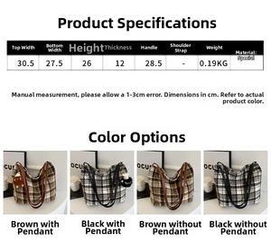 Detailed size chart and color options for plaid canvas tote bag in brown and black