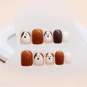 Cute puppy design short square press-on nails in caramel brown and white colors