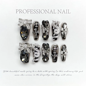 Handmade Press On Nails Resin Metal Gothic Dark Dragon Cross Butterfly Heart Gems Gradient Black Cool Punk For Women