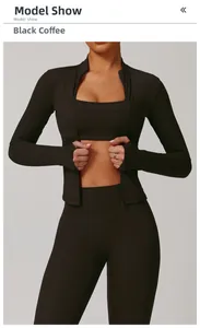 Close-up of Dark Coffee quick-dry yoga set including jacket, sports bra and leggings
