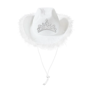 Detailed view of white cowboy hat featuring rhinestone crown and feather trim edge
