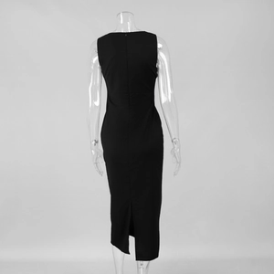 Rear detail of black square neck maxi dress showing invisible zipper and back slit design