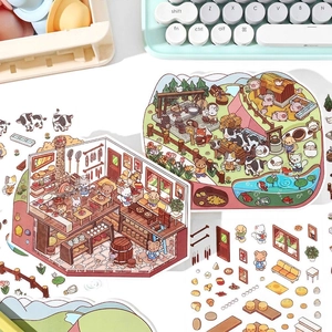 3D scenic cartoon stickers set featuring cozy farm and indoor kitchen themes for journaling
