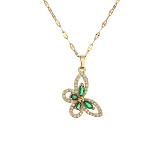 Gold hollow butterfly necklace with green and white rhinestones on leaf chain link