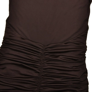 Detailed view of dark brown ruched fabric showing texture and pleated design on a dress