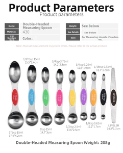 Size chart for 9-piece magnetic stainless steel measuring spoon set with detailed dimensions