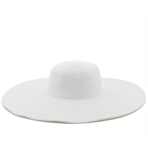 Detail of fine woven texture and wide brim on a white straw sun hat for beach use