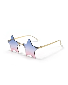 Detail of star-shaped rimless sunglasses featuring blue and pink gradient lenses