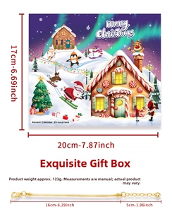 Detailed view of a Christmas advent calendar box with a snowman design and a gold charm bracelet