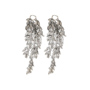 Silver leaf tassel earrings with layered metal fringe drops for women's fashion