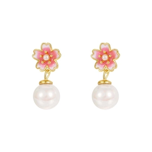 Elegant pink cherry blossom earrings with white pearls crafted in fine s999 sterling silver