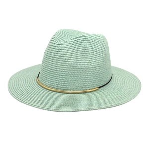 Light green straw fedora hat with black band and gold buckle for summer travel