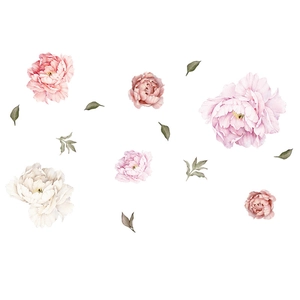 Pink and white watercolor peony floral wall stickers for girls' bedroom decoration