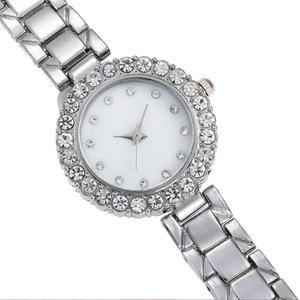Elegant silver women's watch with rhinestone bezel and polished metal link bracelet