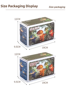 Compact packaging boxes for 5-in-1 dinosaur stationery kit showing size and details