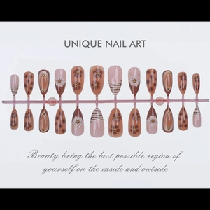 Detail of 24pcs almond press-on nails with leopard print and 3D floral designs