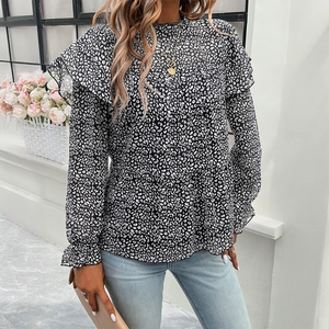 Elegant long sleeve floral blouse with leopard print ruffles for a chic autumn look