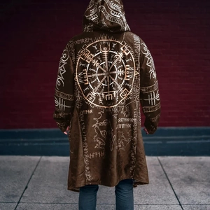Men Long Hooded Cardigan Jacket Viking Nordic Celtic Graphic Print Vintage Gothic Streetwear Hoodie Coat Outwear Polyester