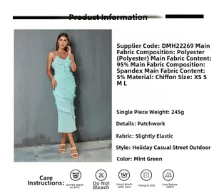 Détail de la robe sans manches vert menthe montrant le tissu mousseline et les volants