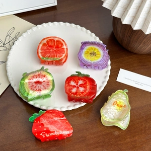 Cute Fruit Hair Claw Clip Acrylic Strawberry Watermelon Tomato Shape Hairpin For Women Half Tie Ponytail Holder
