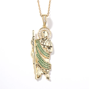 Religious saint pendant necklace in gold with green and white micro-pave crystals