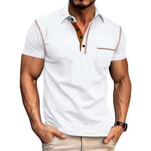 Men Short Sleeve Polo Shirt Breathable Polyester Knit Contrast Stitching Slim Fit Casual Tops Chest Pocket