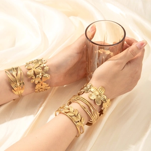 Stainless Steel Hollow Flower Leaf Feather Open Cuff Bangle Bracelet For Women Gold Plated Adjustable Fashion Jewelry