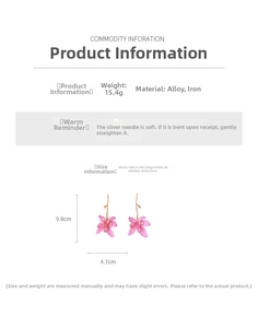 Pink enamel flower drop earrings with golden stem detail and product dimensions
