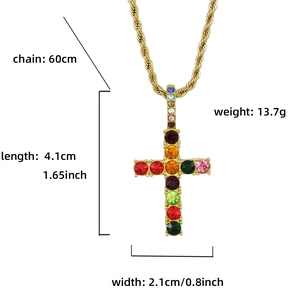 Iced out colorful cross pendant with golden twist chain dimensions 60cm and 13.7g weight