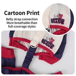 Waterproof dog overalls with cartoon bear print and breathable belly straps for small dogs