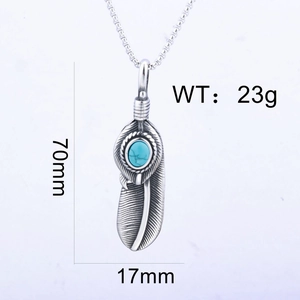 Detailed specs of silver feather pendant with turquoise inlay showing 70mm height and 23g weight