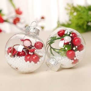 Transparent PET Christmas ball ornaments with red berries and green leaves inside