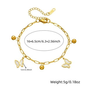 Gold stainless steel chain bracelet featuring white shell butterfly pendant and round beads