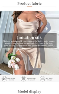 Détails de la chemise de nuit en satin champagne avec fente haute et texture soyeuse