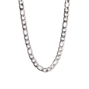 U-shaped men's silver stainless steel figaro chain necklace on white background