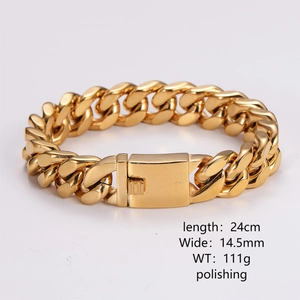 Close-up of 14.5mm wide 18K gold Cuban link bracelet with 24cm length and size specs