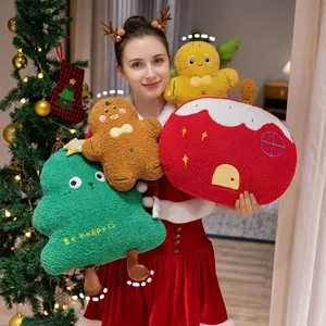 Cartoon Christmas plush pillow set with embroidered tree, gingerbread man and festive decor