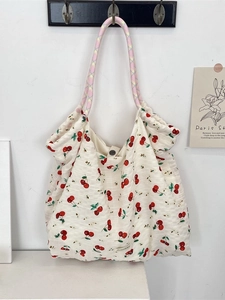 Sac fourre-tout en toile blanche avec imprimé cerise rouge et poignées en corde jaune