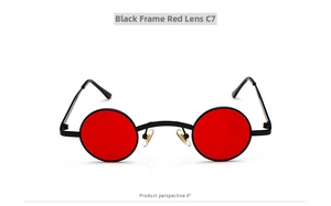 Front view of small round steampunk sunglasses with black frames and red lenses C7