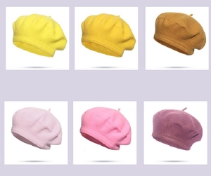 Detail grid showing wool berets in yellow, ginger, khaki, pink, rose, and purple