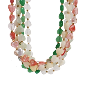 Multicolor heart-shaped stone and baroque pearl necklace with gold metal beads