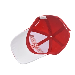 Red and white Canada baseball cap showing internal structure and 100% acrylic material tag