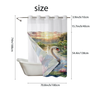 Tableau des dimensions du rideau de douche gaufré avec motif de cygne et paysage de lac