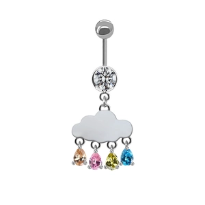 Silver belly button ring with cloud pendant and four colorful teardrop gems on white background