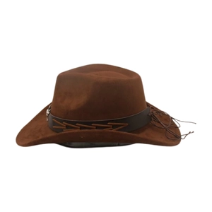 Detail view of brown suede cowboy hat with black leather band and silver buckles
