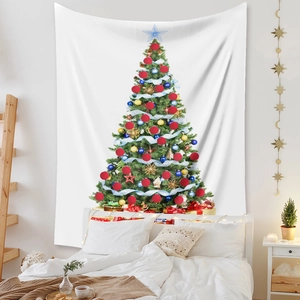 Detailed view of a festive Christmas tree tapestry hanging in a cozy white bedroom setting